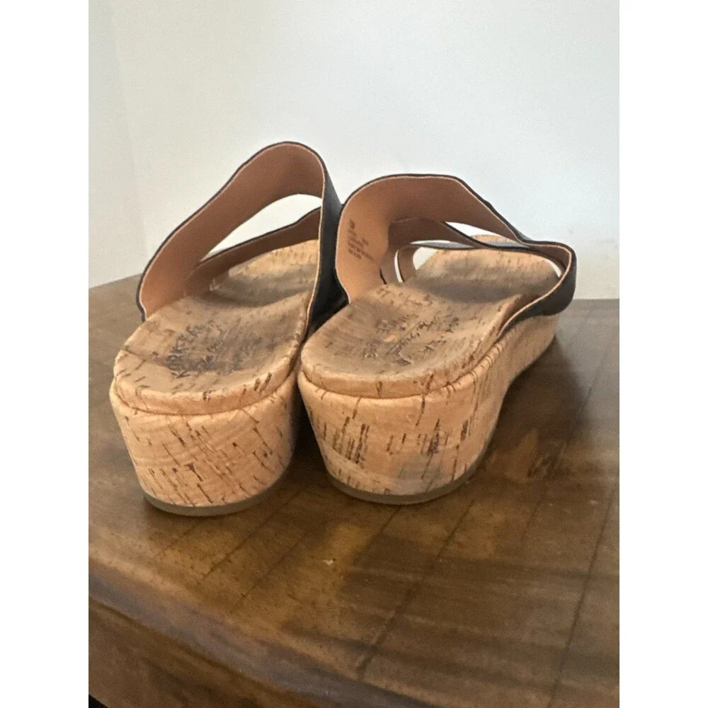 Kork-Ease Black Leather Cork Wedge Slide Sandals Comfort Womens 10M